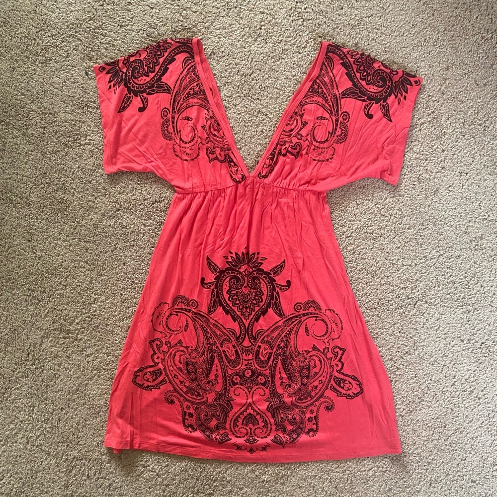 Love Culture Coral Deep V-Neck Dress with Black Paisley